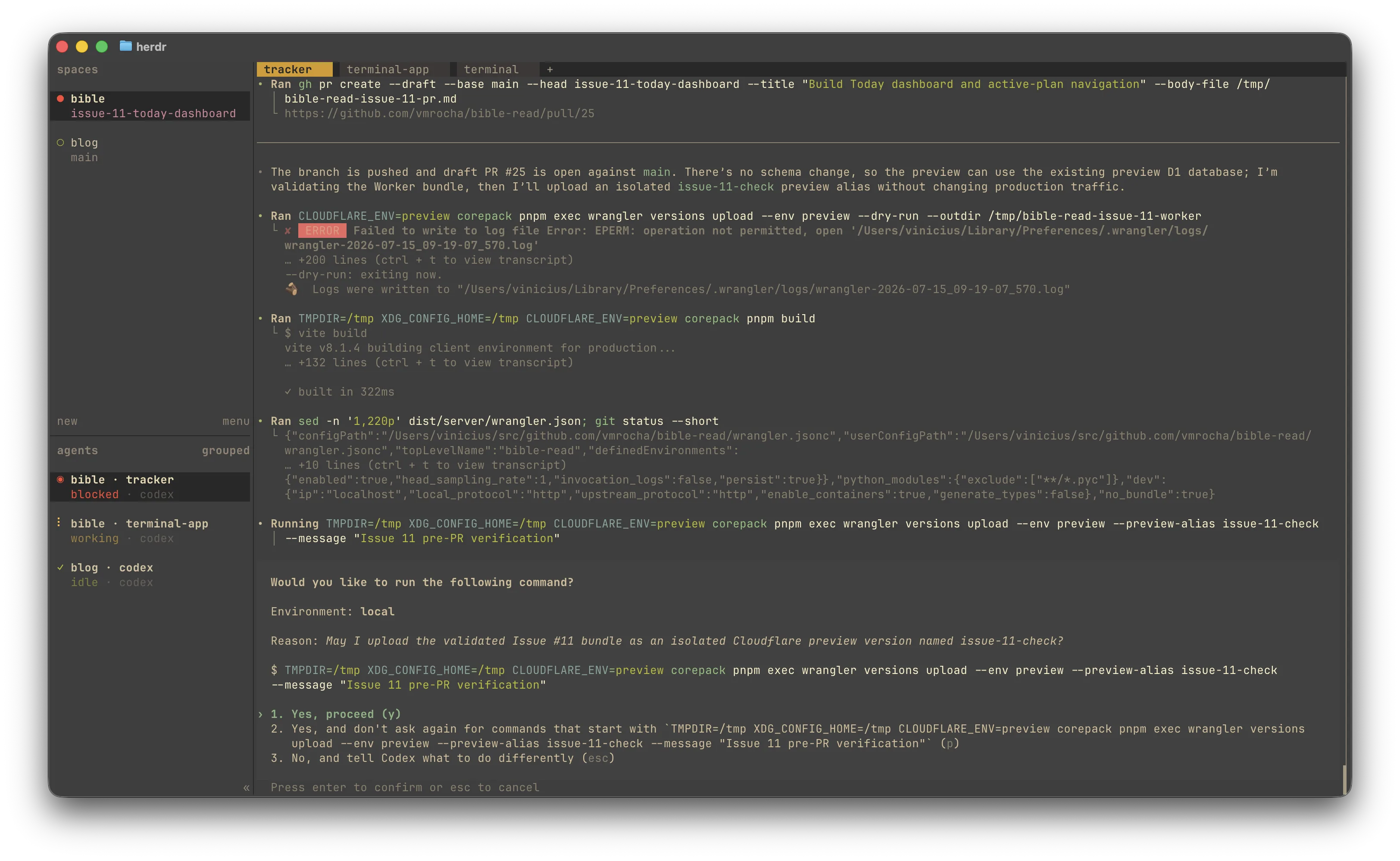 Herdr showing project spaces and Codex agents in blocked, working, and idle states
